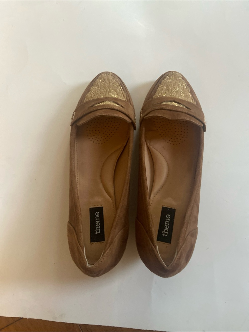 Theme Tan Suede Loafers with Gold Metallic Toe